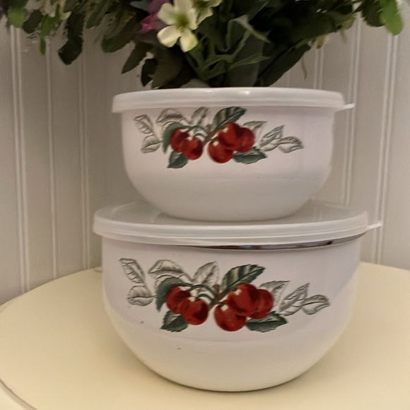 Charter Club Pair Of Enamelware Bowls With Plastic Tab Lids For Storage - Picture 3 of 12